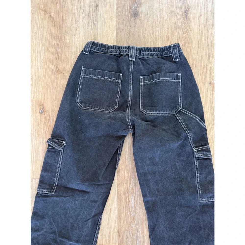 Fashion Nova Cargo Jeans Womens 7 Black Contrast Stitch Relaxed Straight Utility
